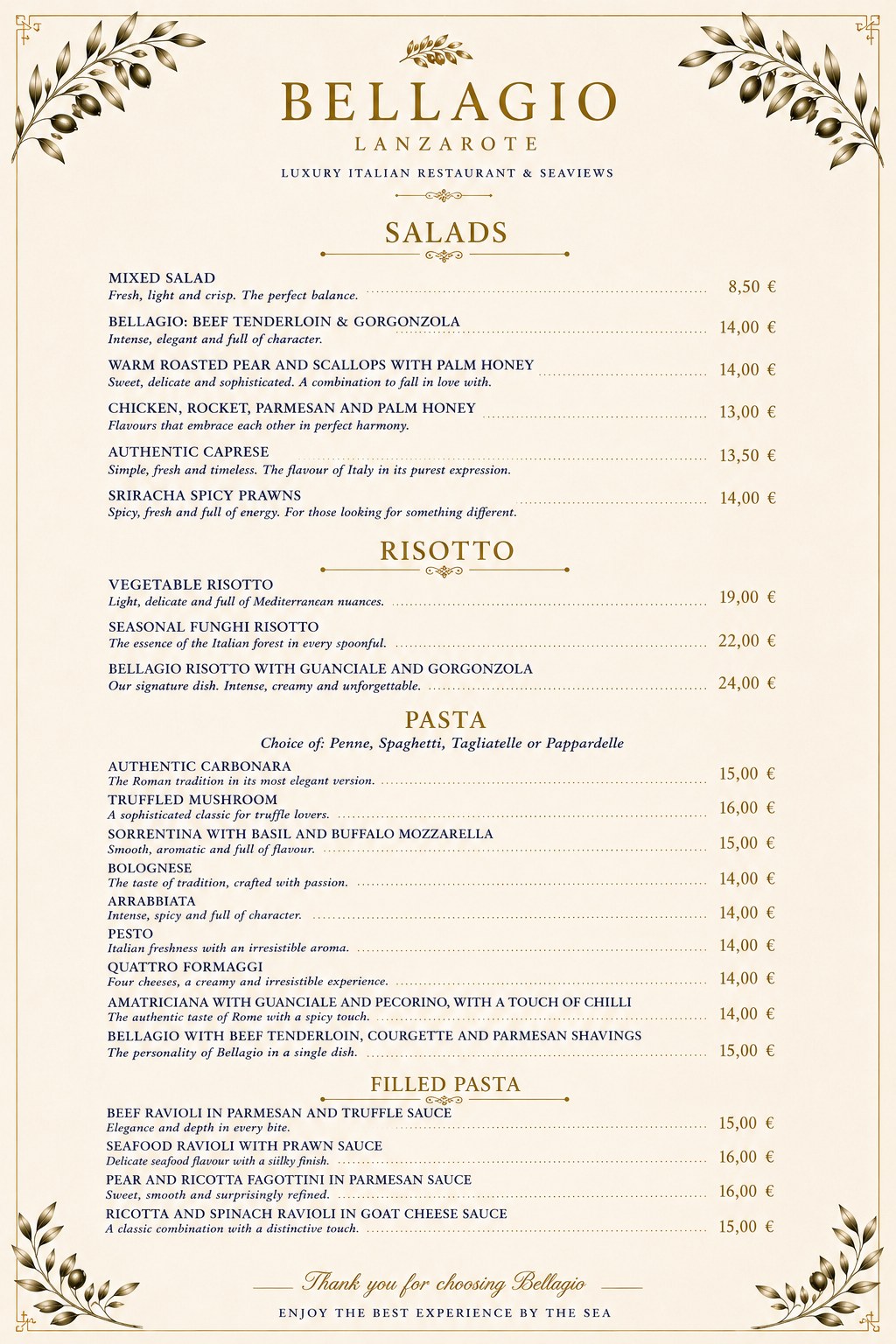 Bellagio Lanzarote Menu — Salads, Risotto and Pasta