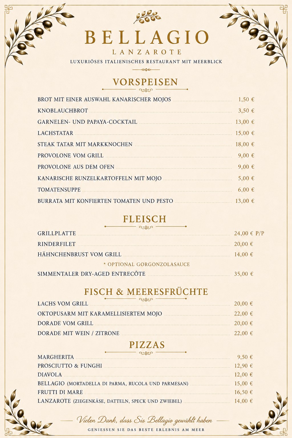 Bellagio Lanzarote Speisekarte — Vorspeisen, Fleisch, Fisch und Pizzas