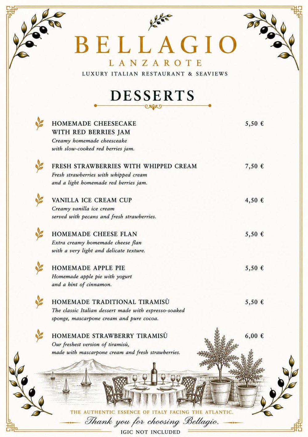 Bellagio Lanzarote Menu — Desserts