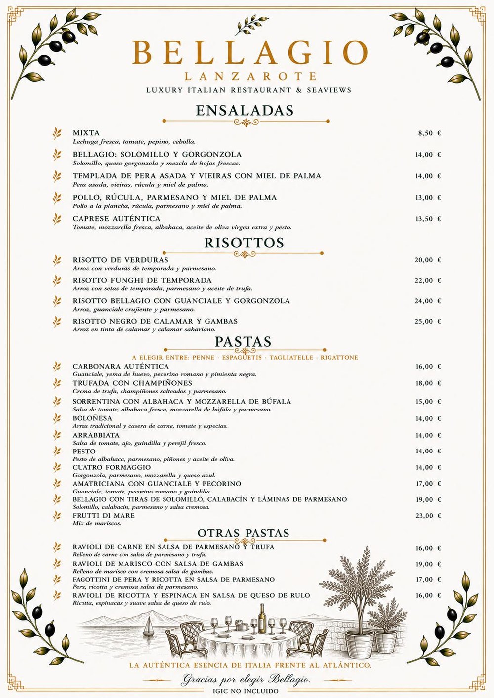 Carta Bellagio Lanzarote — Ensaladas, Risottos y Pastas