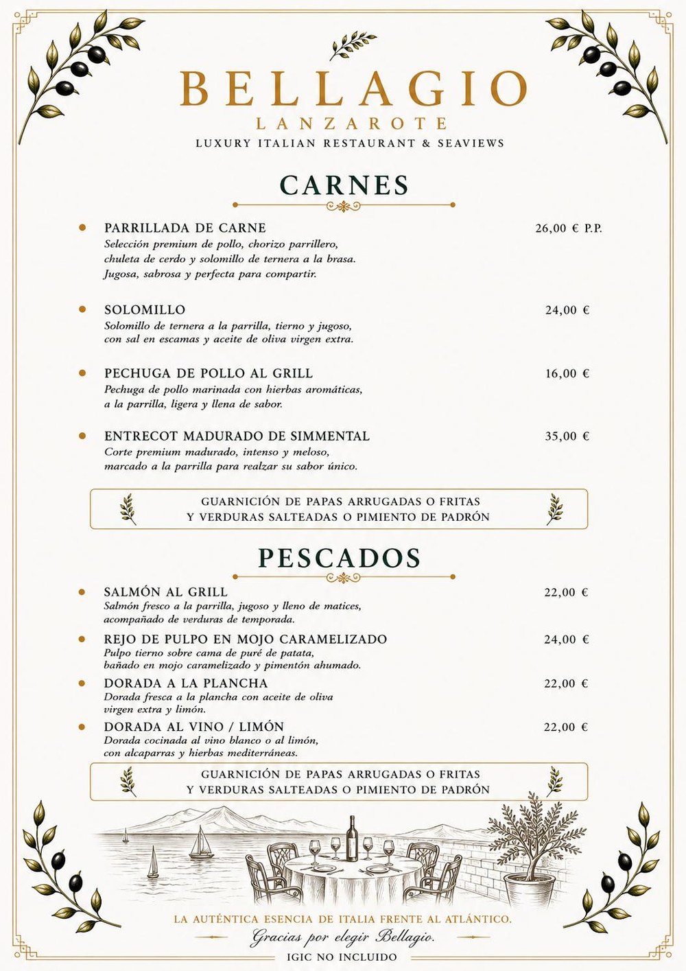 Carta Bellagio Lanzarote — Carnes y Pescados