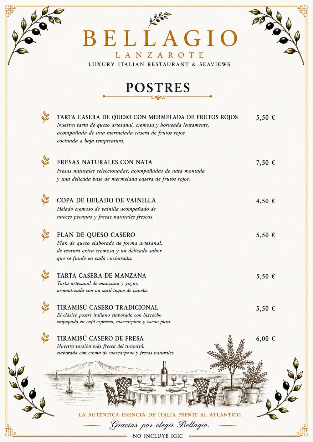Carta Bellagio Lanzarote — Postres